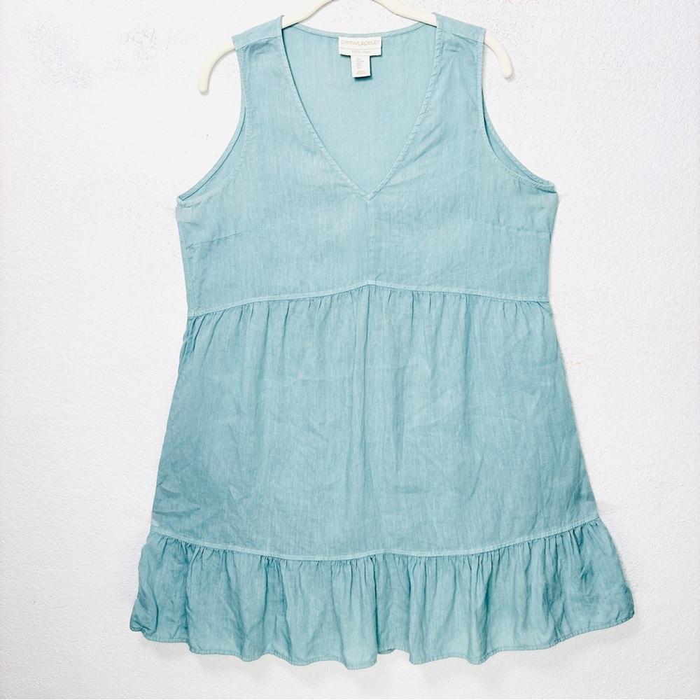 Cynthia Rowley Mini Dress L 100% Linen Teal 90s Y2K Coastal Granddaughter Summer